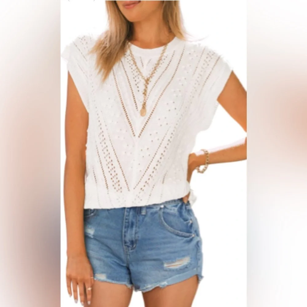 Langwyqu White Crochet Knit Cap Sleeve Top Lightweight Summer Sweater Large New - Picture 2 of 7